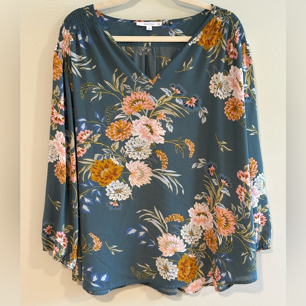 Fun 2 Fun Teal Floral V-Neck Blouse